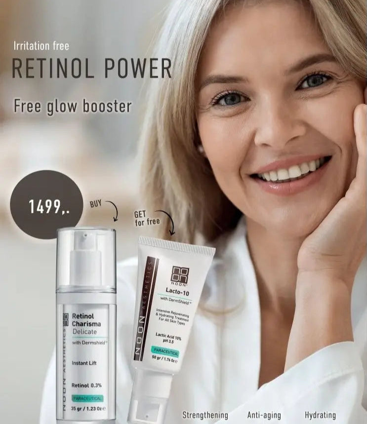Noon Aesthetics kampanje - Kjøp Retinol Charisma 0,3% - få FULLSIZE Lacto-10 med på kjøpet